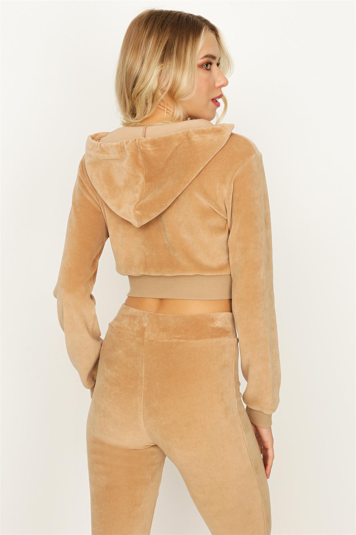 Kadın Camel Kadife Kapüşonlu Fermuarlı Crop Sweatshirt