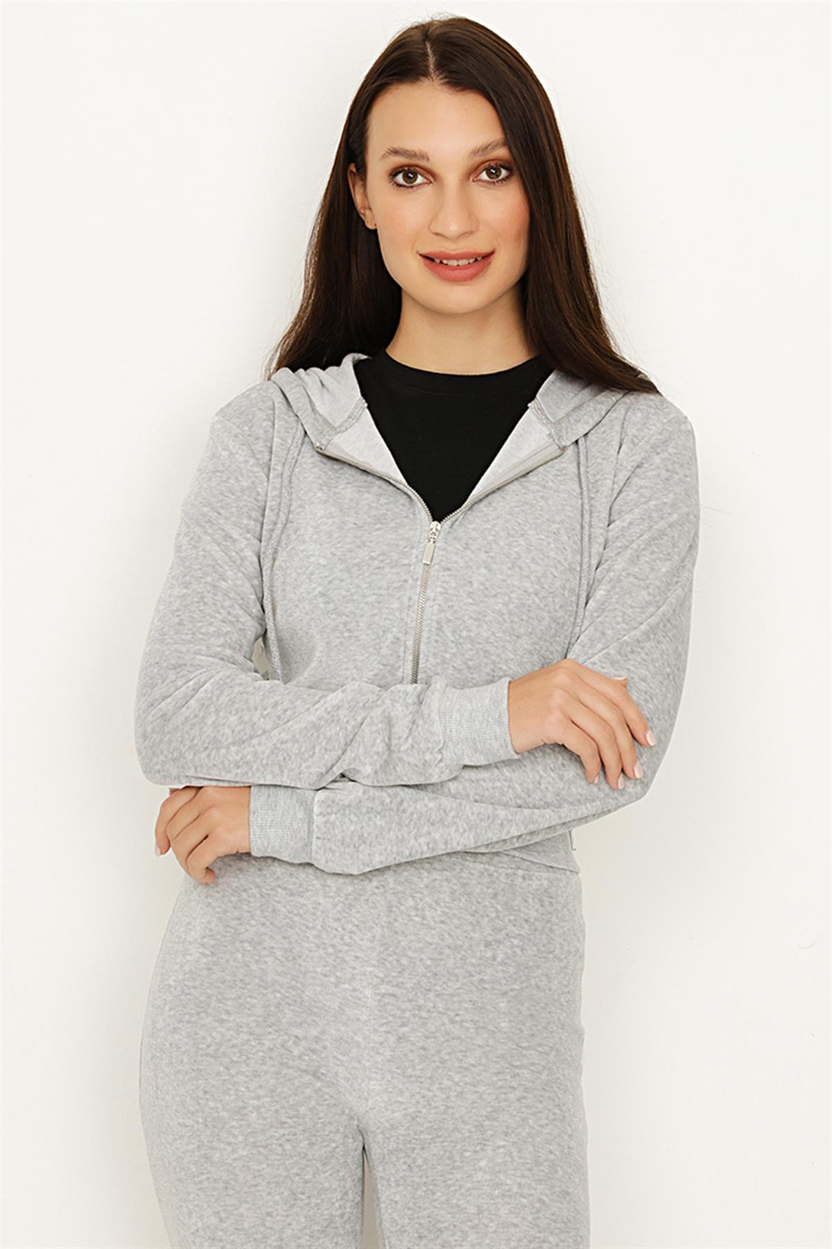 Kadın Camel Kadife Kapüşonlu Fermuarlı Crop Sweatshirt