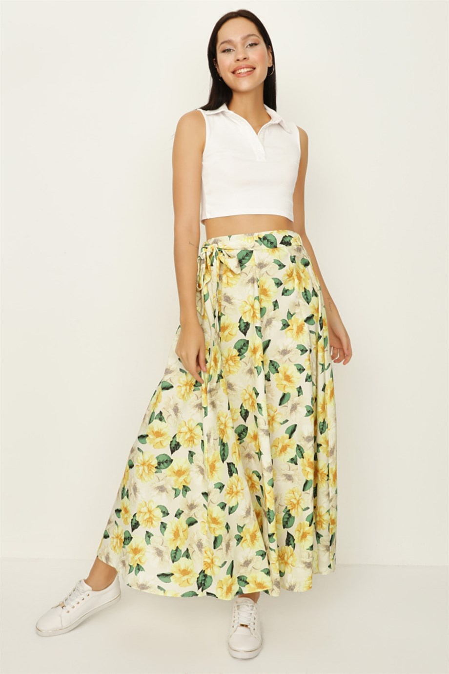 Kadın Çiçek Desenli Kuşaklı Volanlı Uzun Etek