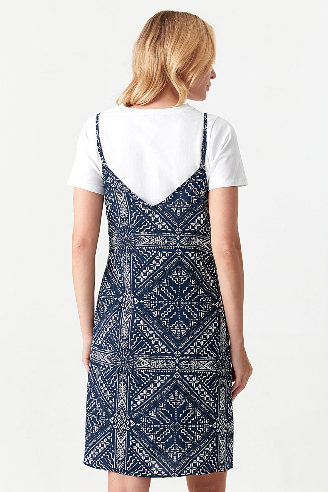 Kadın Crop T-shirt Detaylı Mavi Desenli Elbise