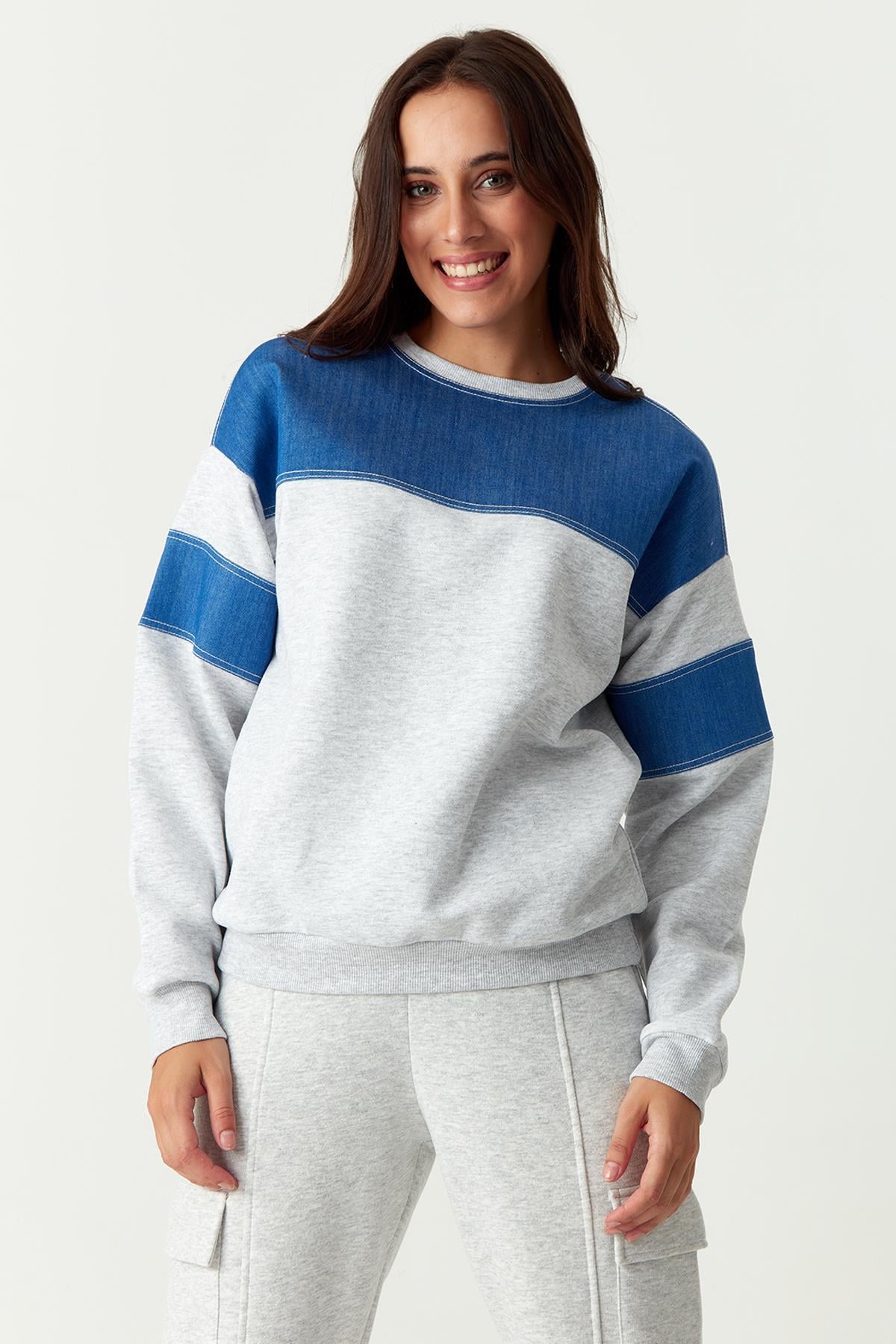 Kadın Denim Bloklu Oversize Sweatshirt