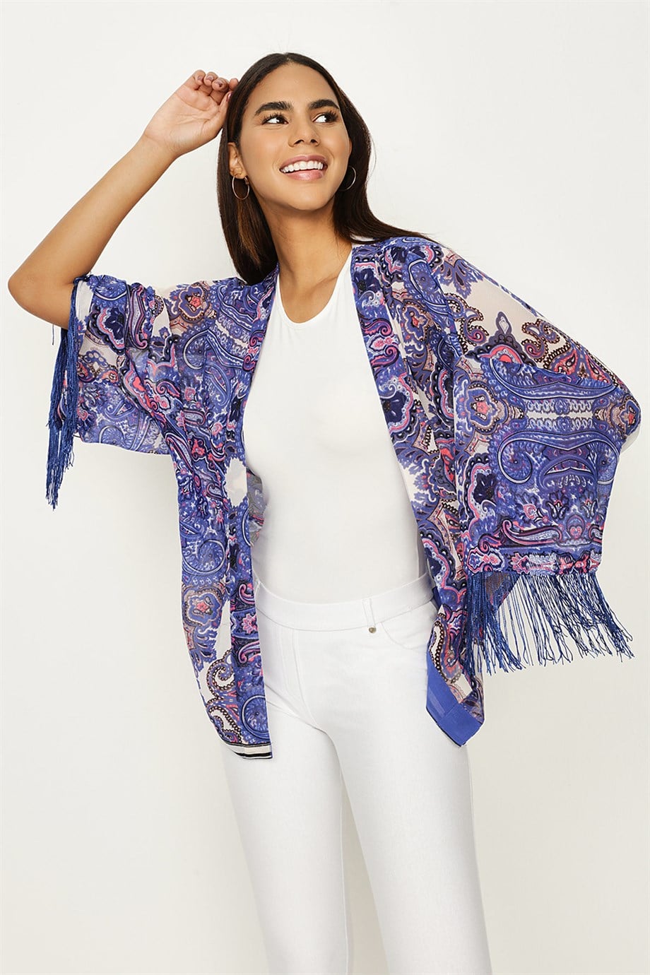 Kadın Desenli Püsküllü Kimono