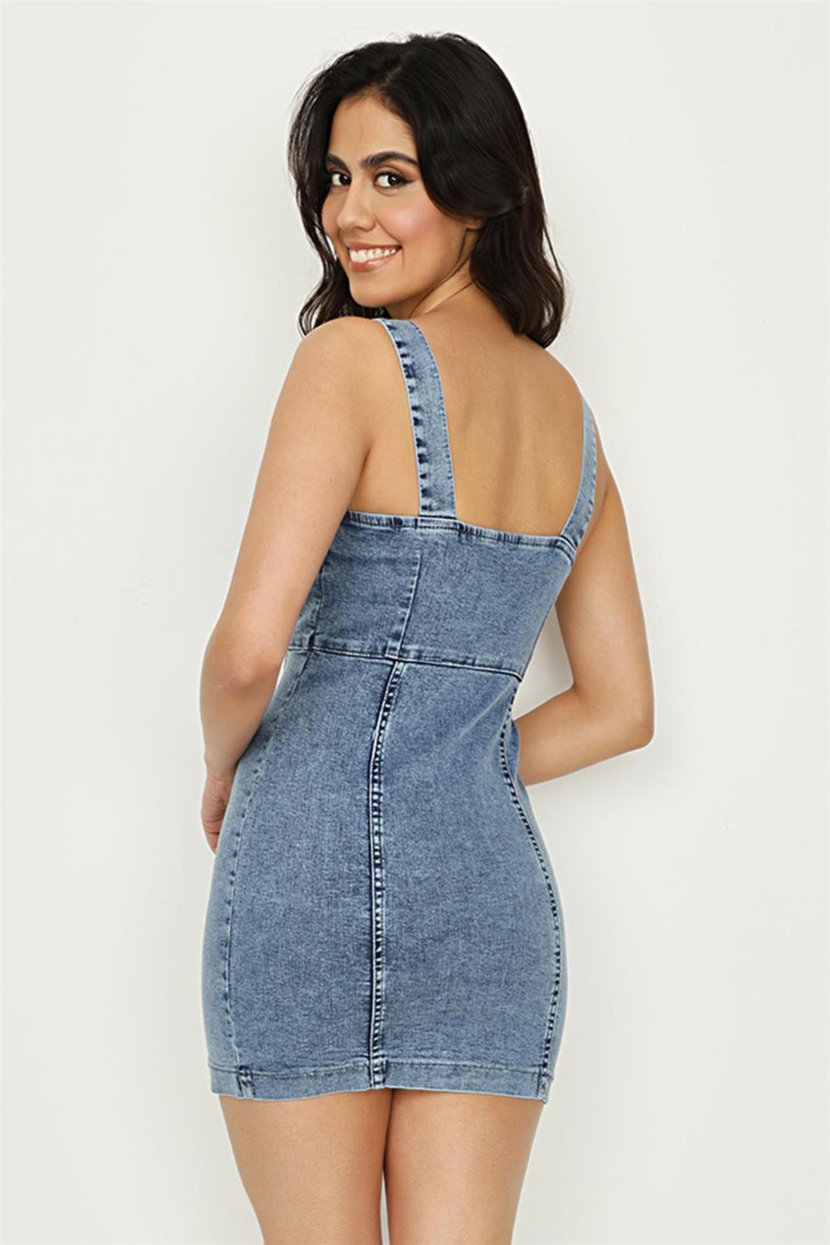 Kadın Düğme Kapamalı Askılı Mini Denim Elbise