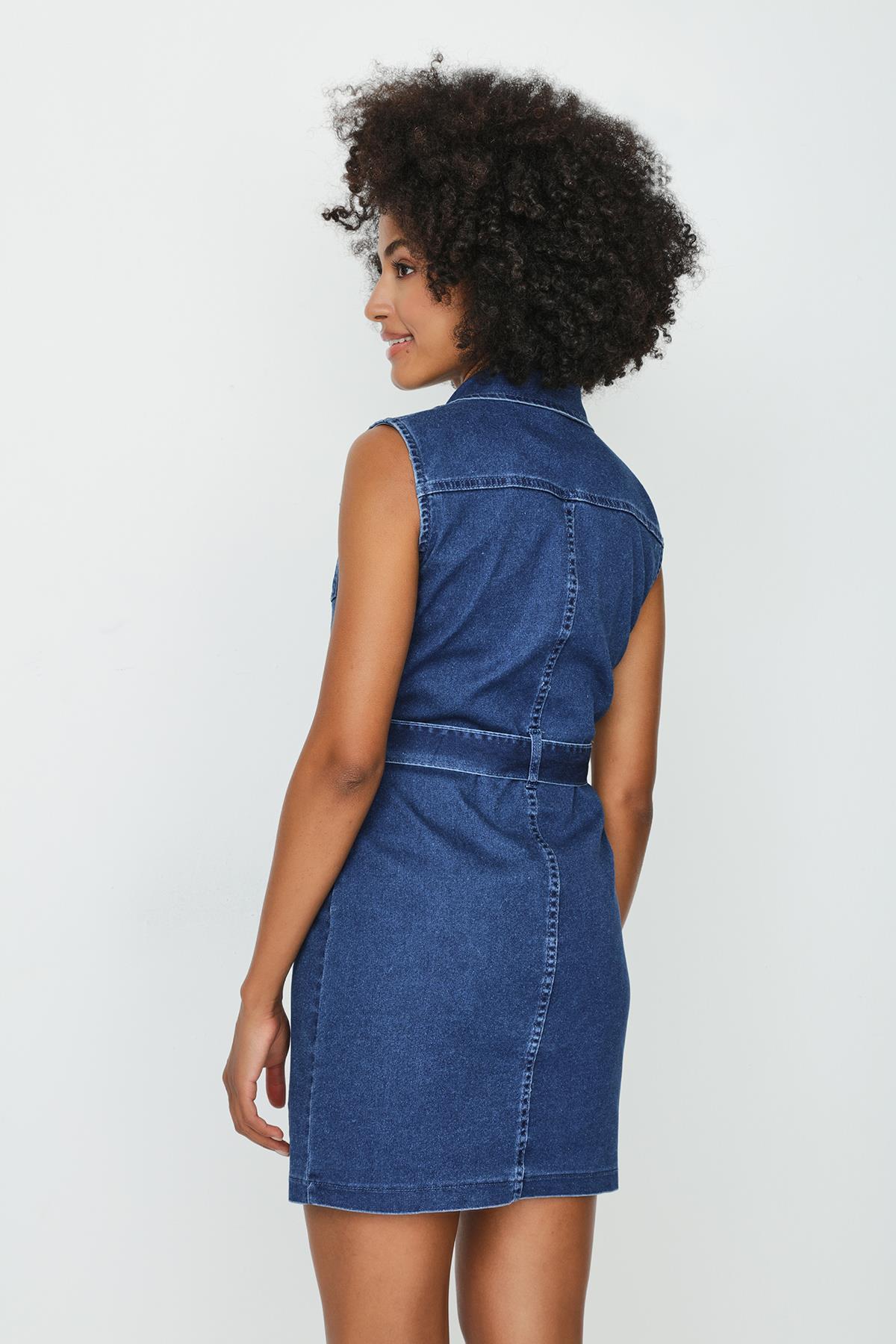 Kadın Düğmeli Kemerli Denim Elbise