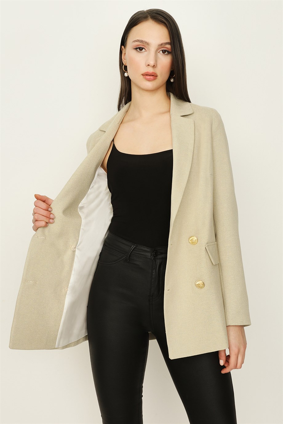 Kadın Gold Düğmeli Blazer Ceket