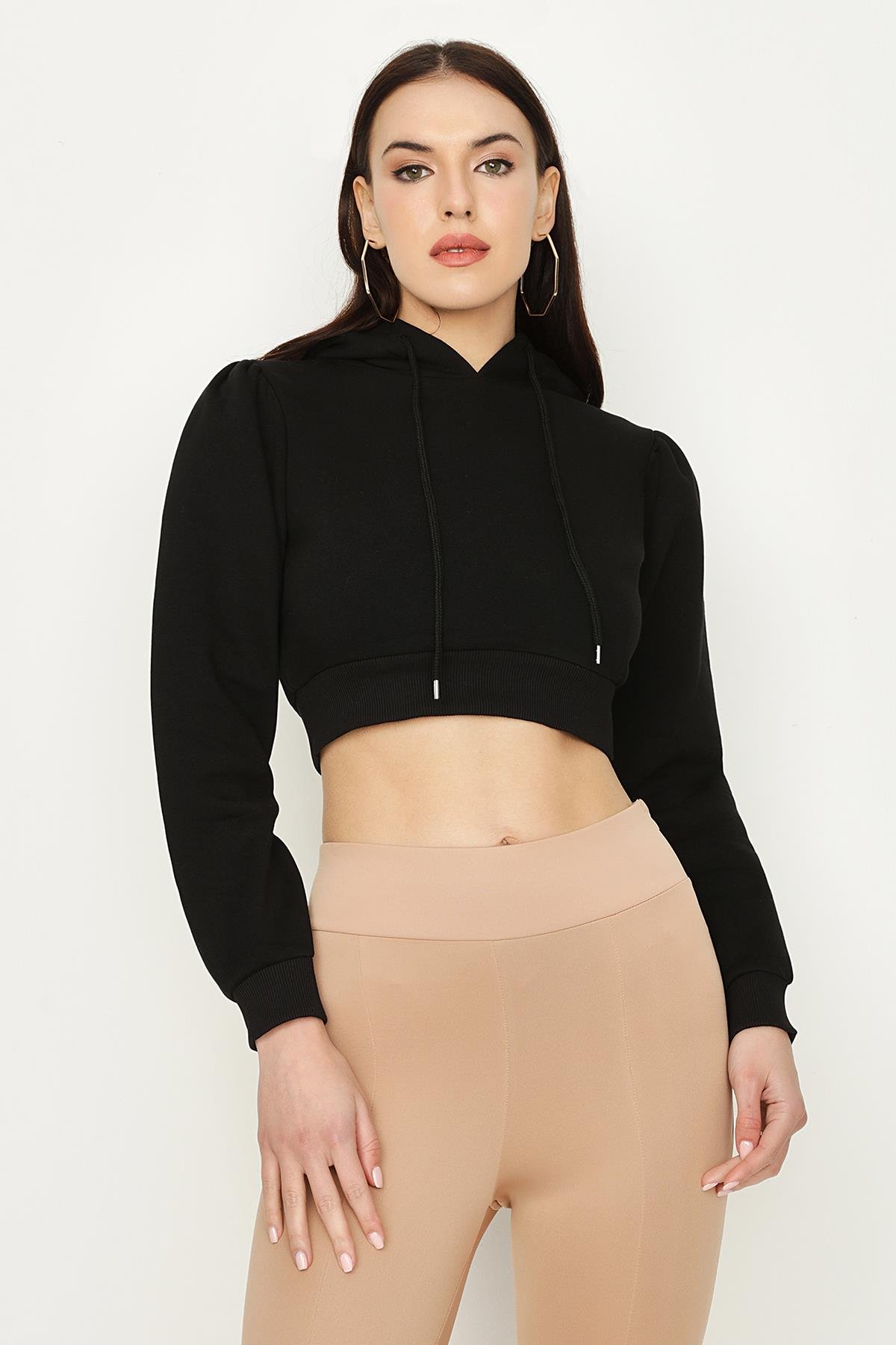 Kadın Kapüşonlu Crop Sweatshirt