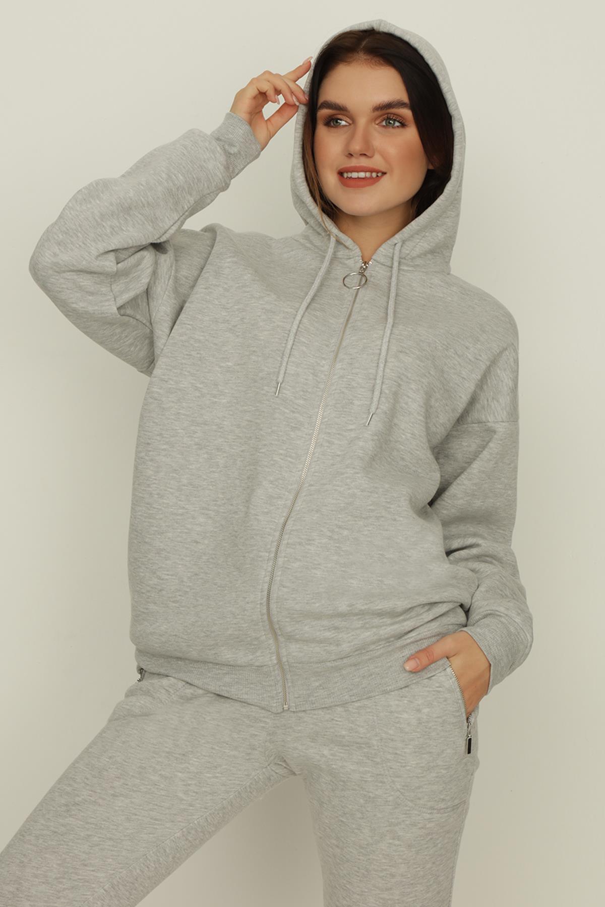 Kadın Kapüşonlu Fermuarlı Sweatshirt