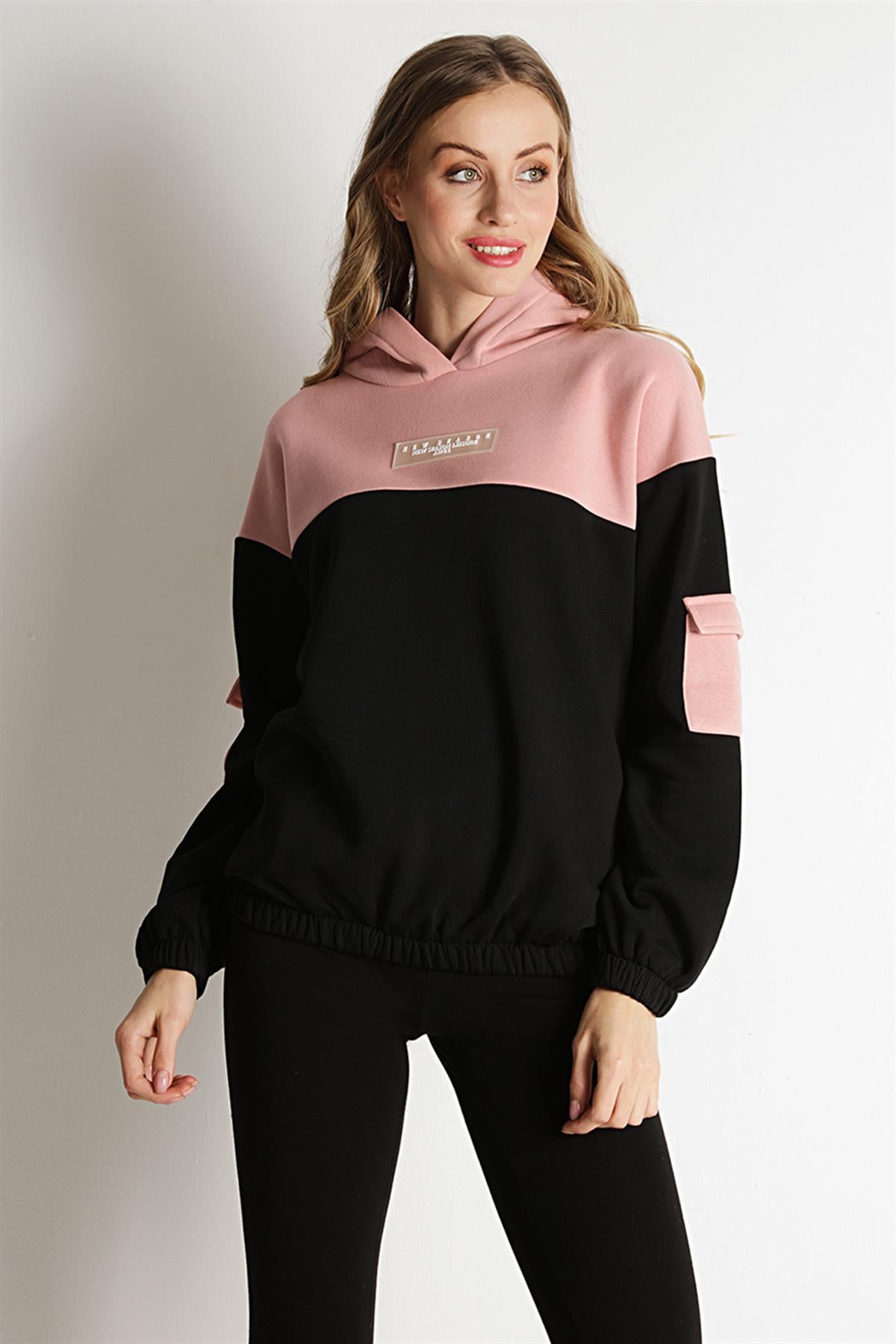 Kadın Kapüşonlu Kolları Cepli Sweatshirt
