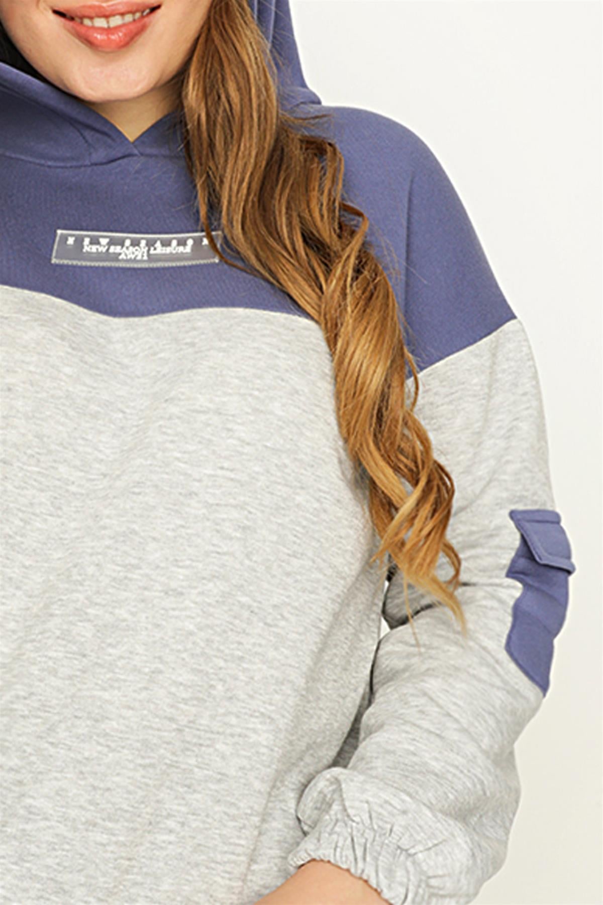 Kadın Kapüşonlu Kolları Cepli Sweatshirt