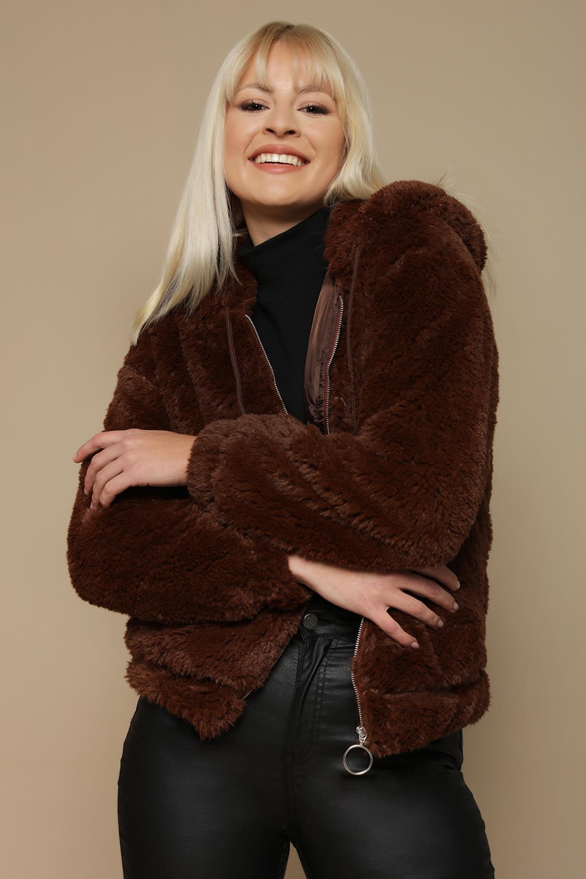 Kadın Kapüşonlu Peluş Mont