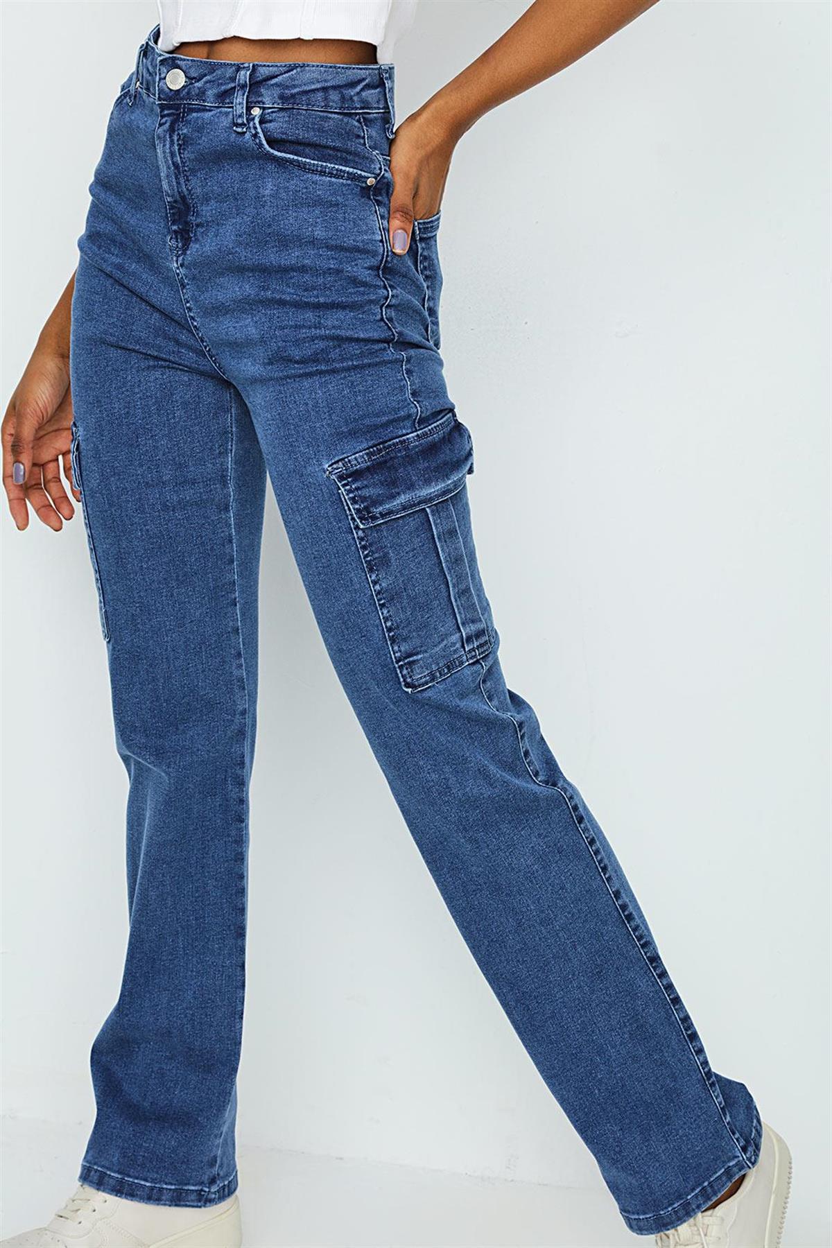Kadın Kargo Cepli Geniş Paça Jeans