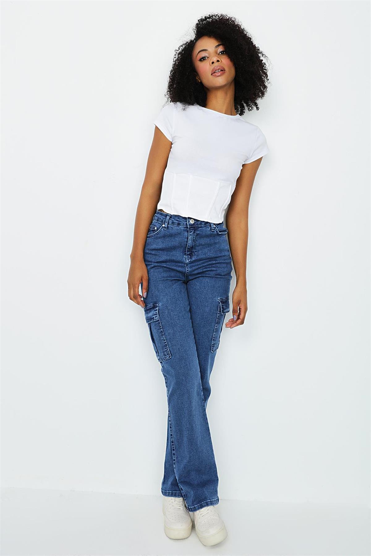 Kadın Kargo Cepli Geniş Paça Jeans