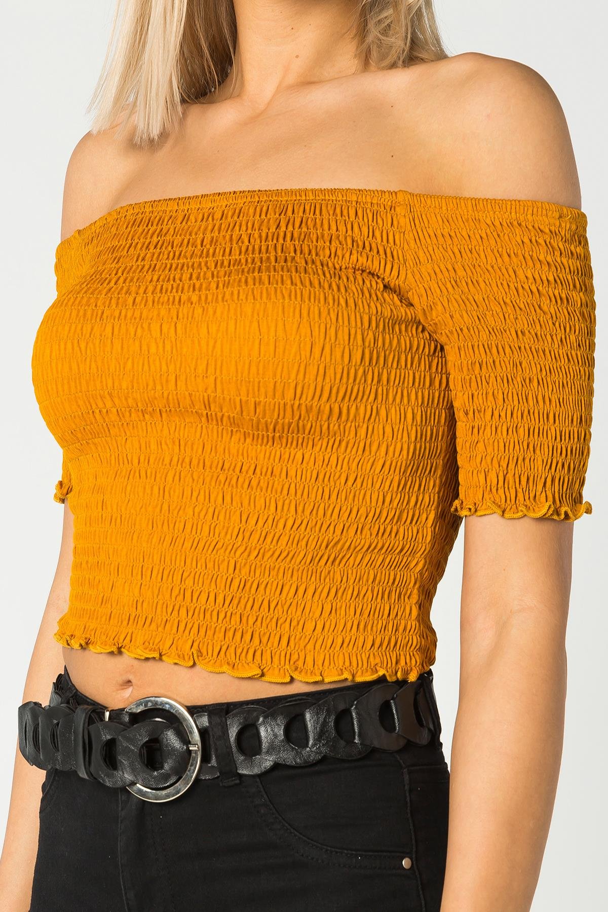 Kadın Kayık Yaka Crop Bluz