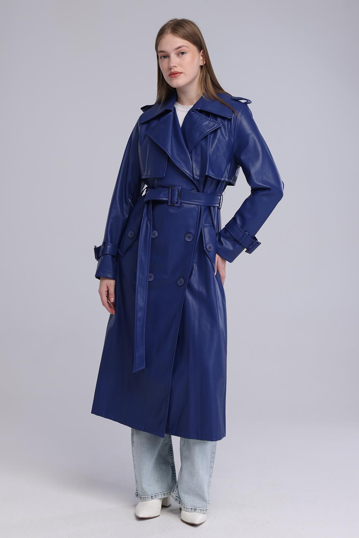 Kadın Kemerli Kruvaze Uzun Kaban