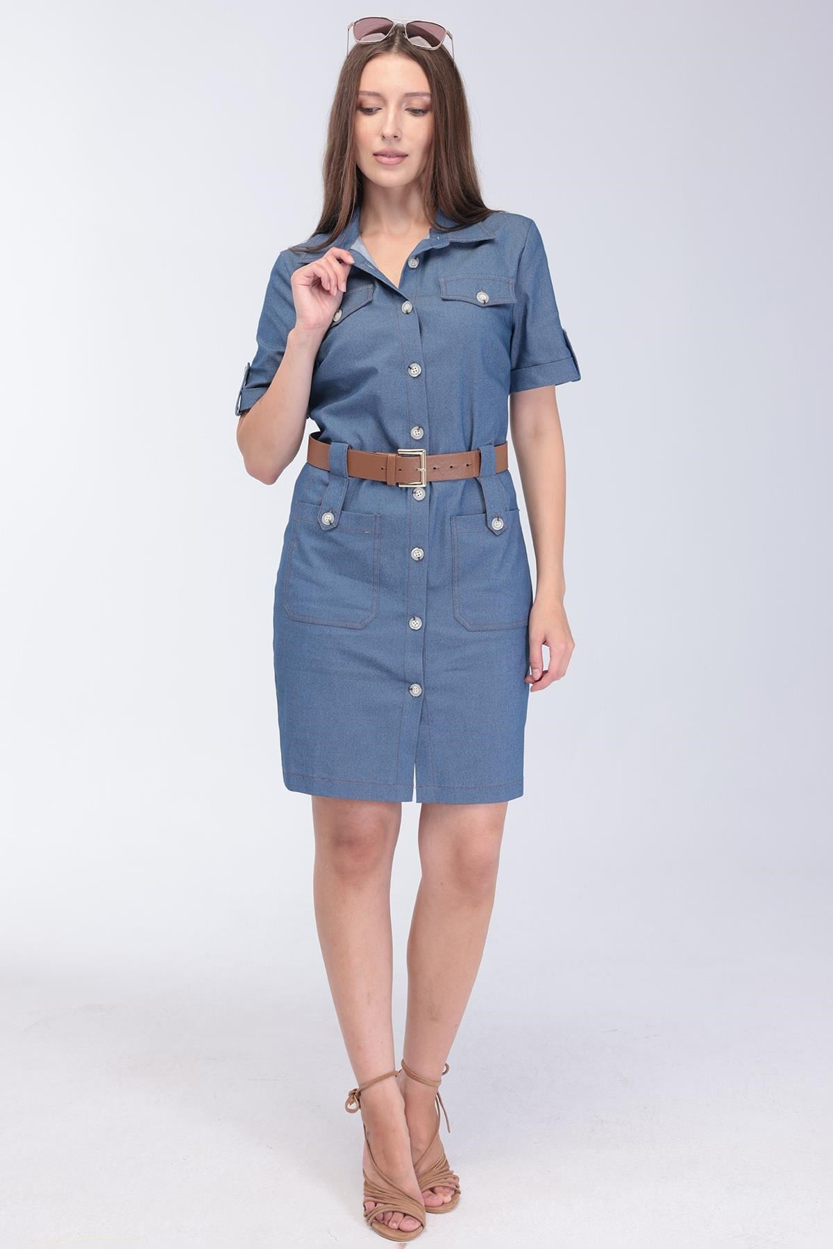 Kadın Mavi Denim Cep Detaylı Kemerli Midi Boy Elbise