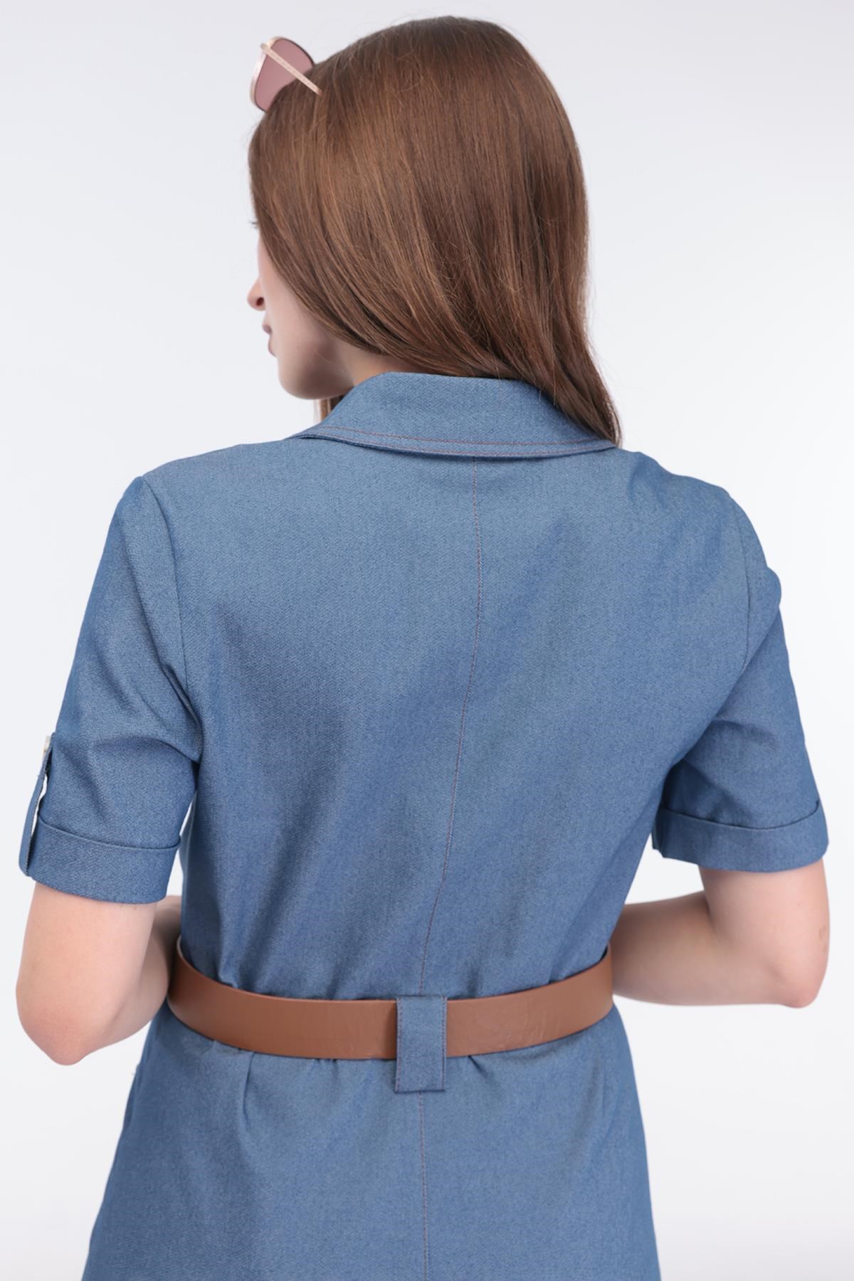 Kadın Mavi Denim Cep Detaylı Kemerli Midi Boy Elbise