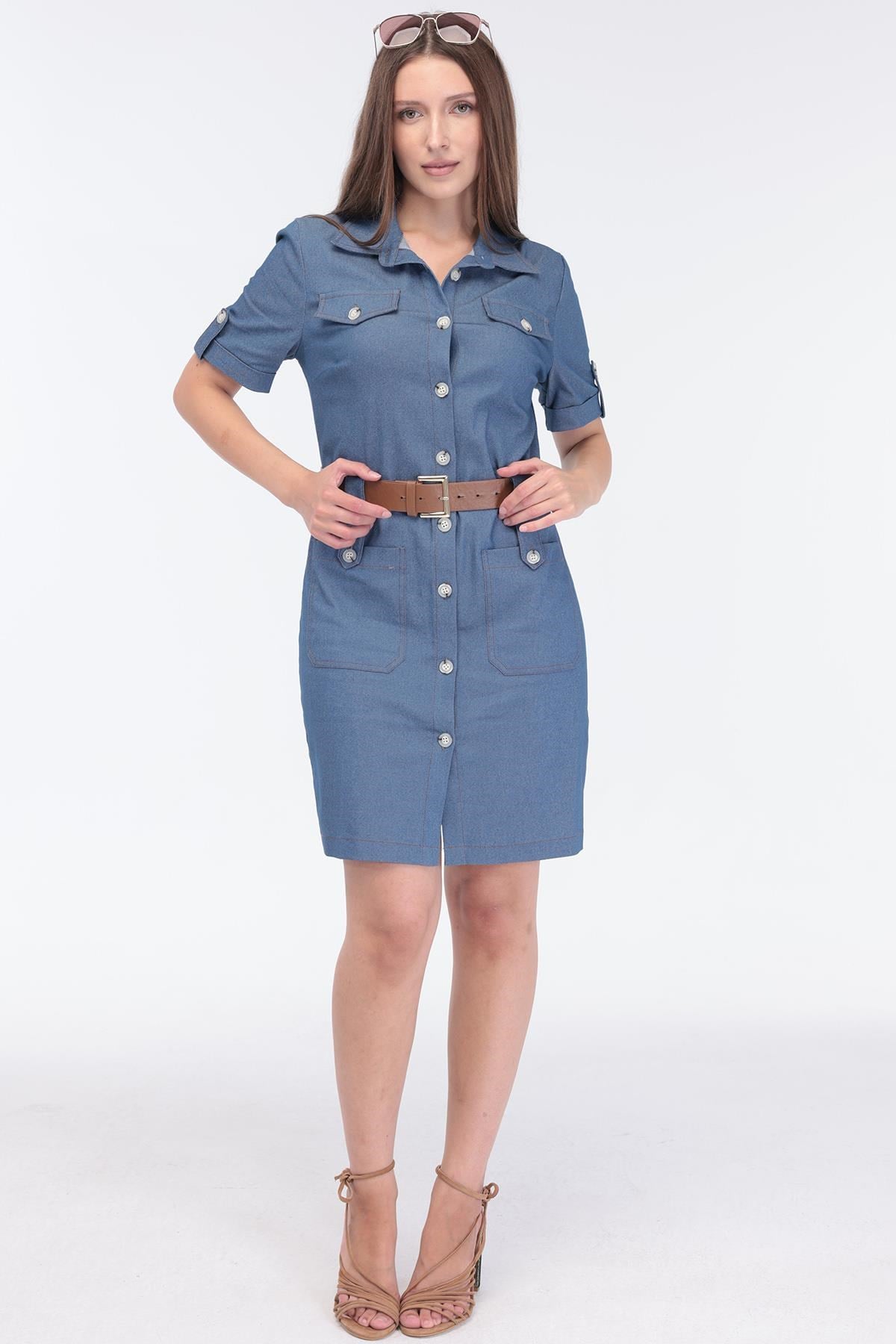 Kadın Mavi Denim Cep Detaylı Kemerli Midi Boy Elbise