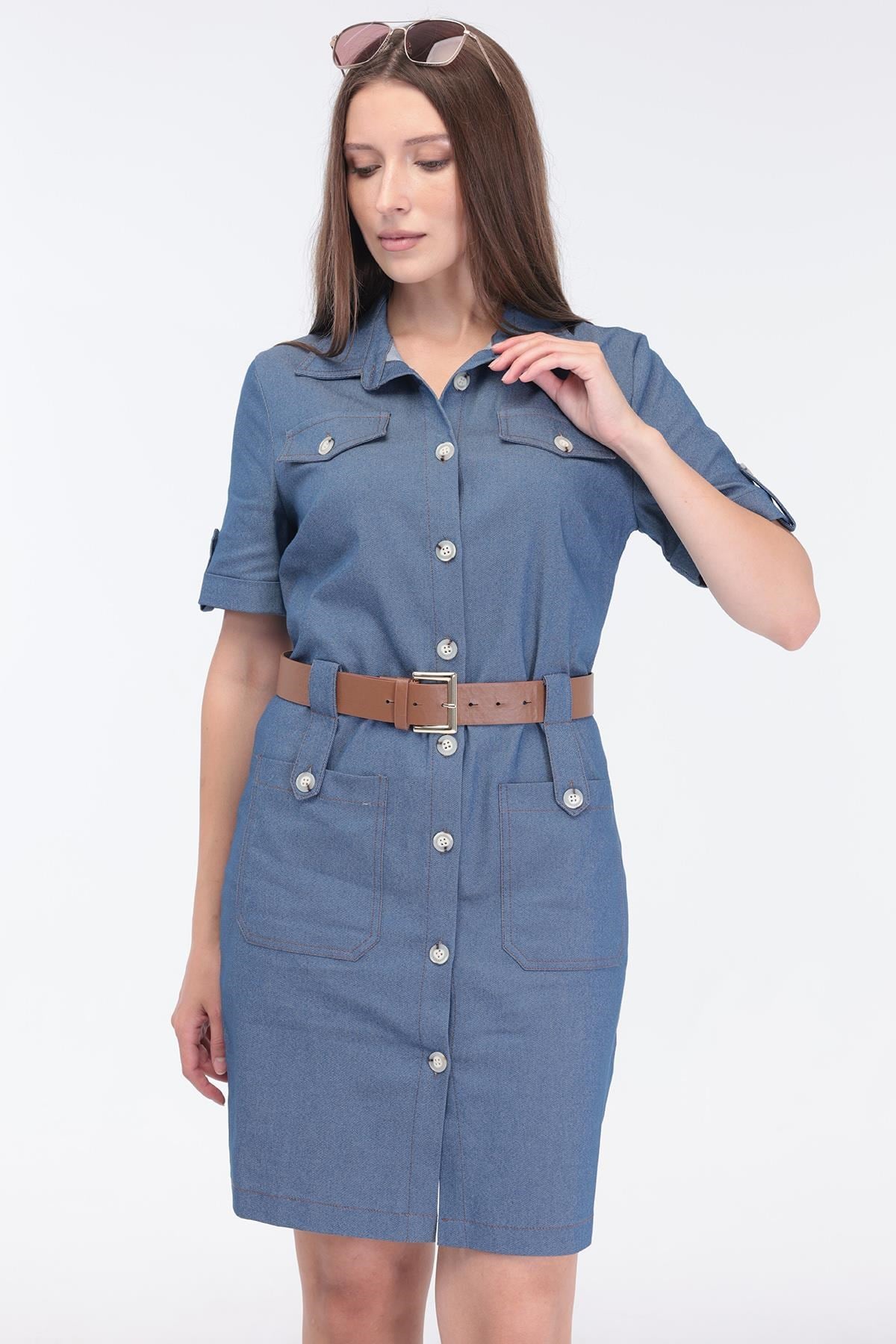 Kadın Mavi Denim Cep Detaylı Kemerli Midi Boy Elbise