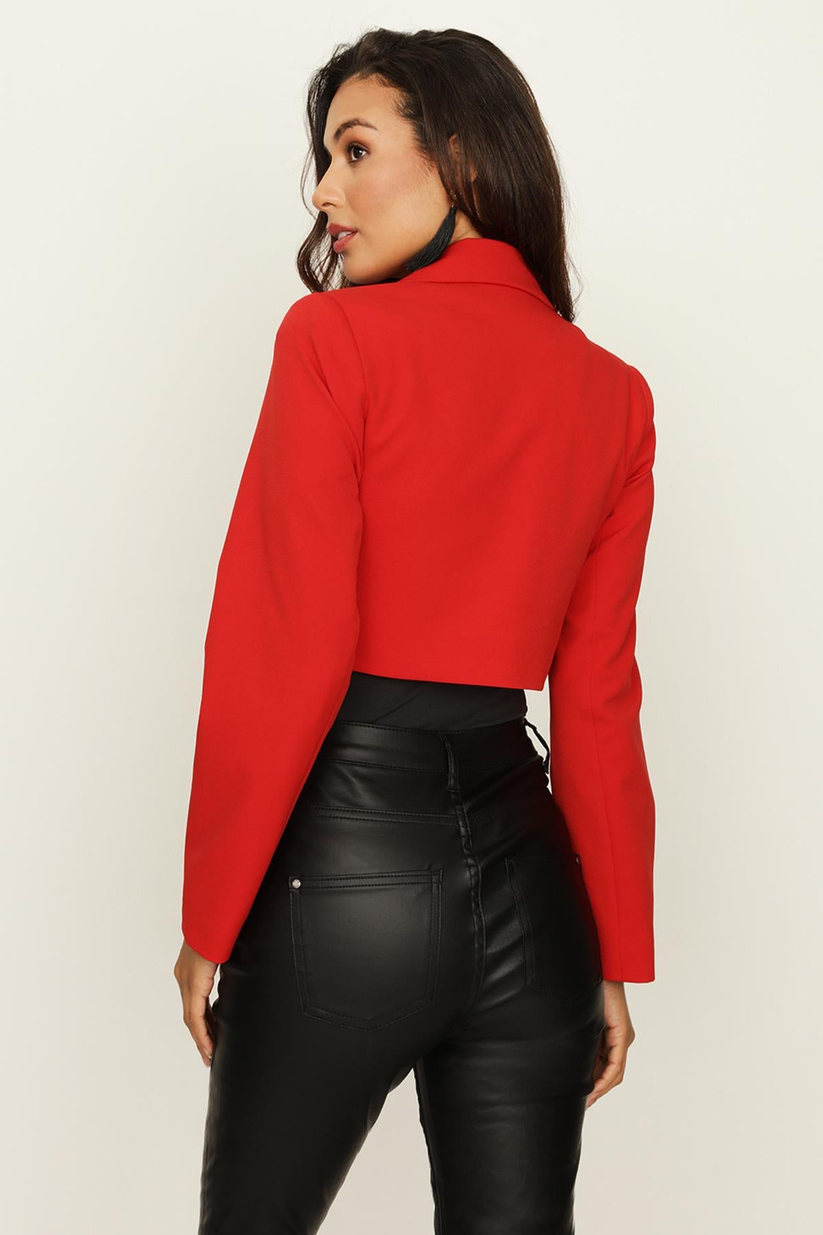 Kadın Orange Tek Düğmeli Crop Blazer Ceket
