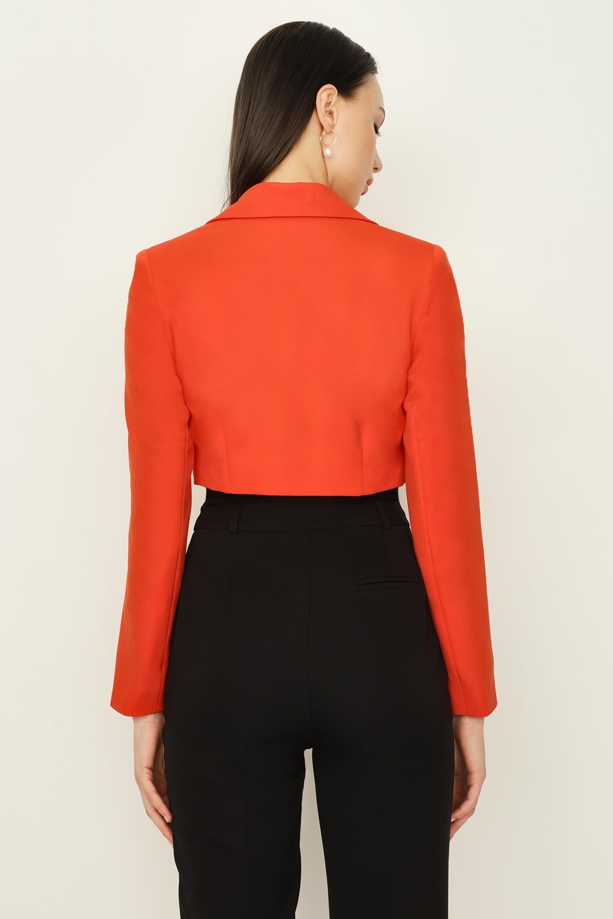 Kadın Orange Tek Düğmeli Crop Blazer Ceket