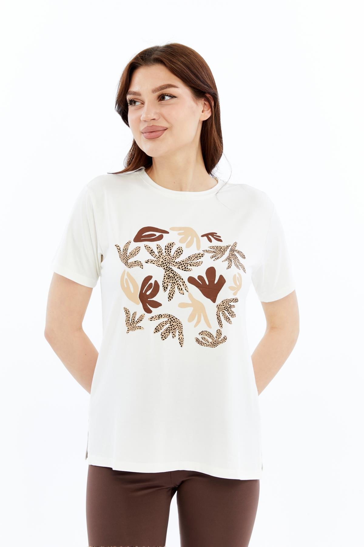 Kadın Örme Önü Baskılı Yanı Yırtmaçlı Basic T-shirt