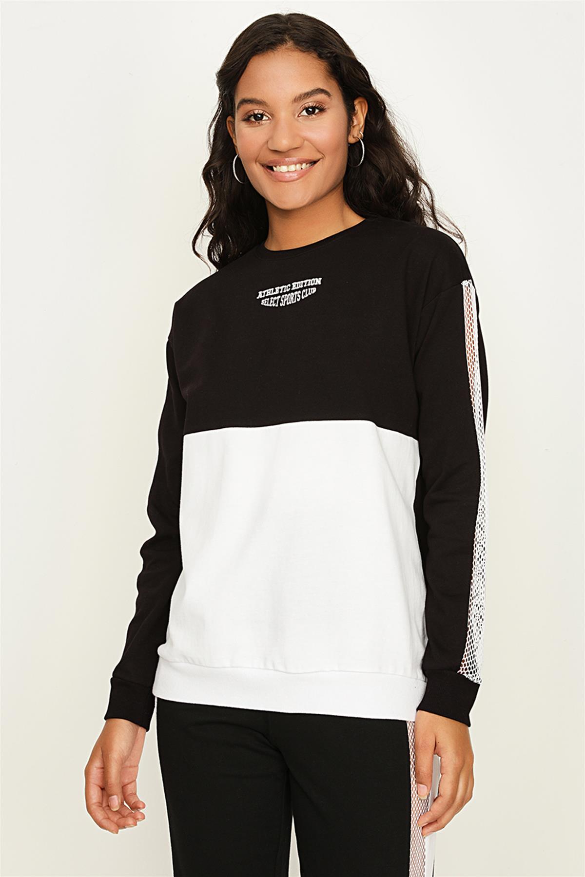 Kadın Renk Bloklu Kolları File Detaylı Basic Örme Sweatshirt