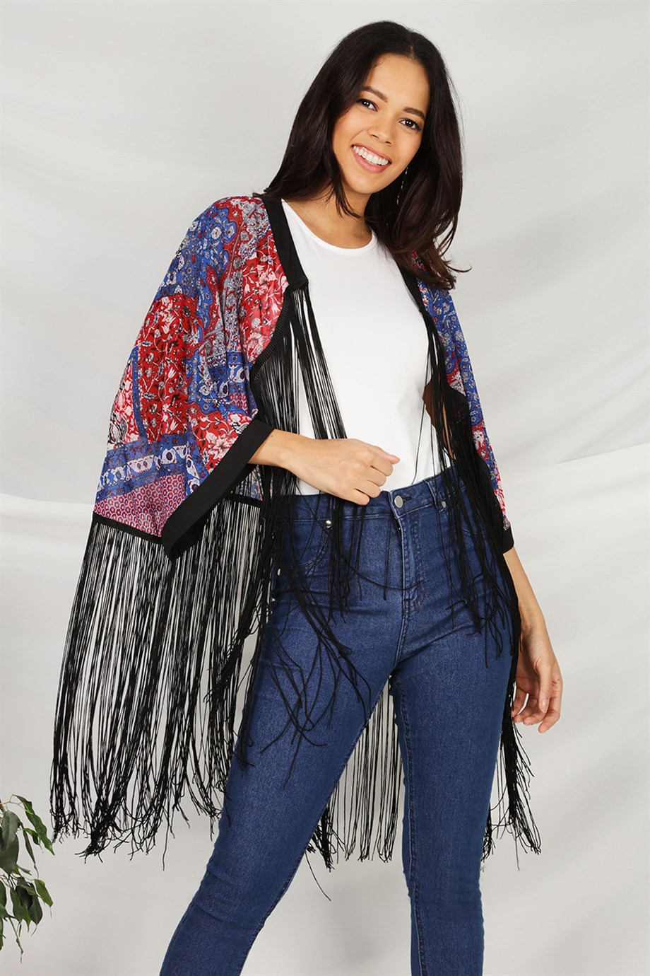 Kadın Renkli Püsküllü Kimono