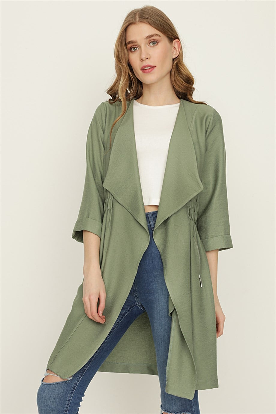 Kadın Şal Yaka Beli Lastikli Uzun Ceket