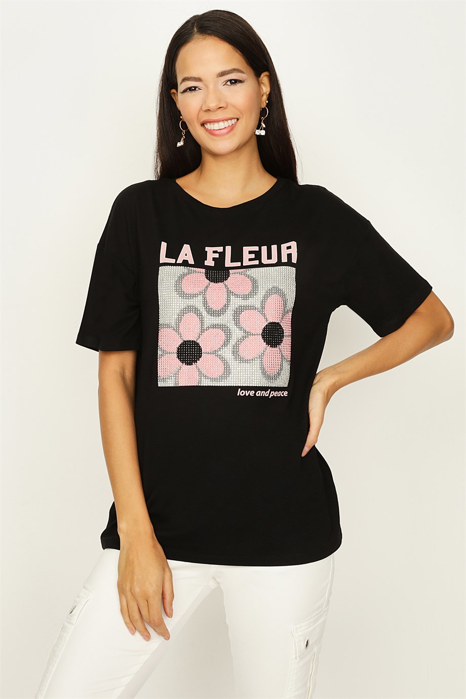 Kadın Taş Baskılı Basic T-shirt