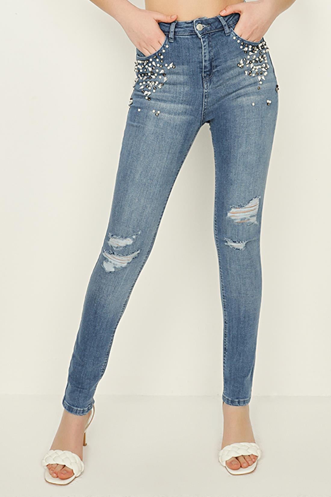 Kadın Taş İşlemeli Yırtık Detaylı Jeans