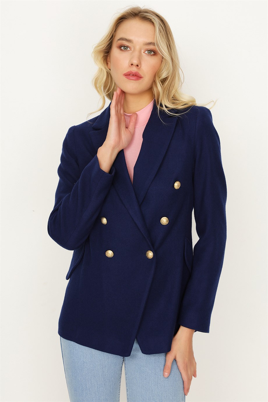 Kadın Tek Düğme Kapamalı Kaşe Blazer Ceket