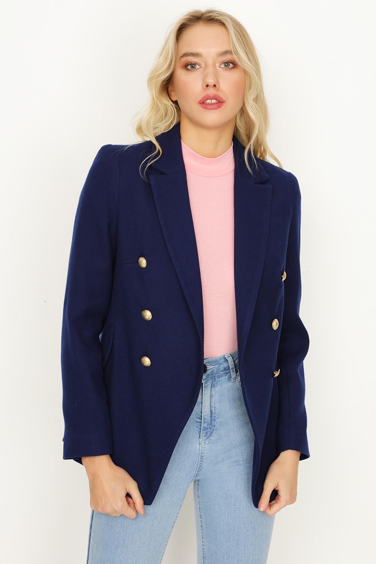 Kadın Tek Düğme Kapamalı Kaşe Blazer Ceket