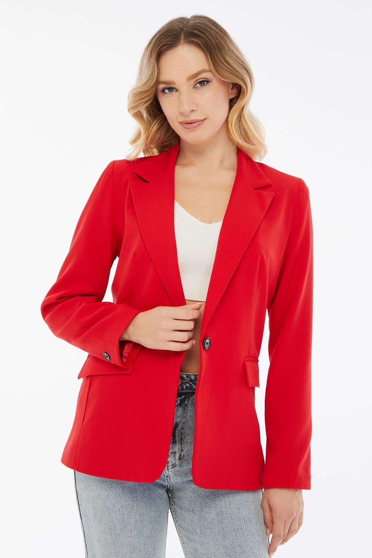 Kadın Tek Düğme Kapamalı Yırtmaç Detaylı Blazer Ceket