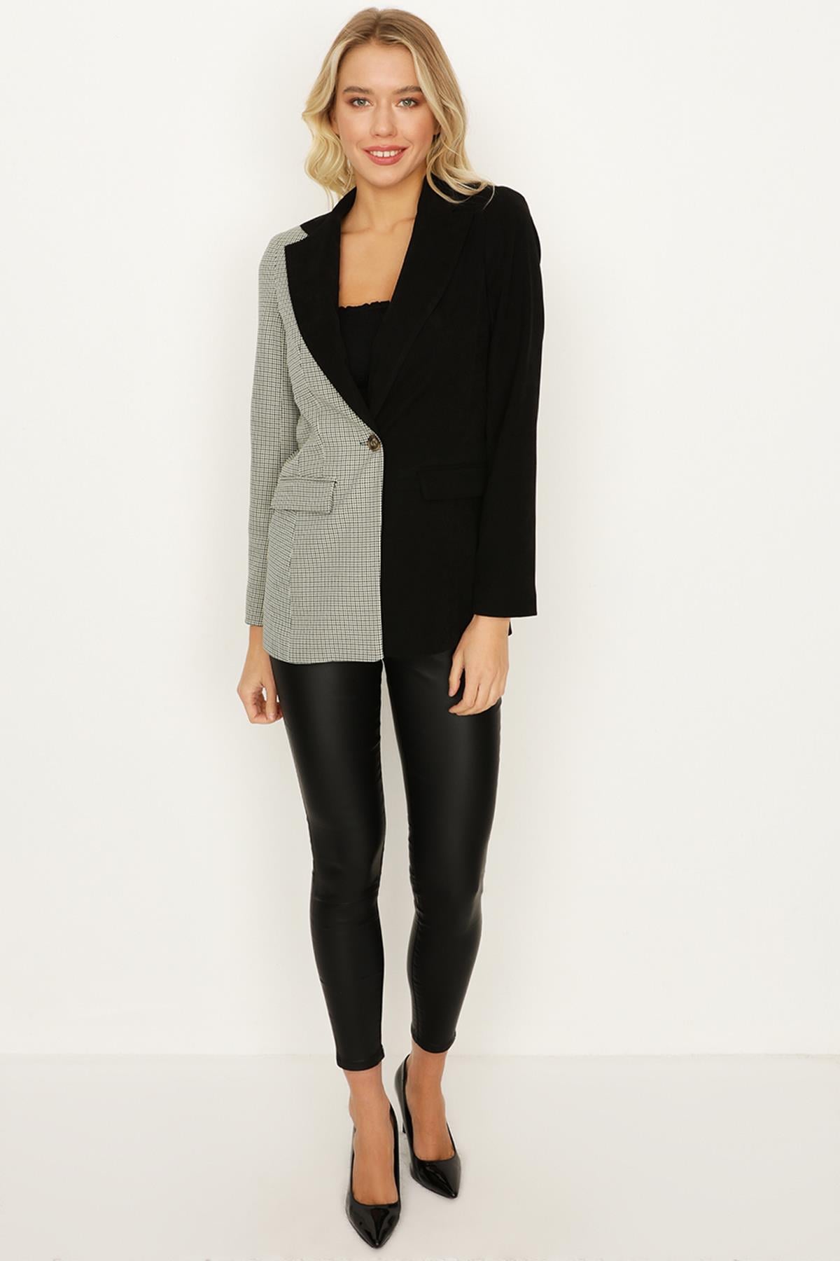 Kadın Tek Düğmeli Ekose Desen Kontrast Blazer Ceket
