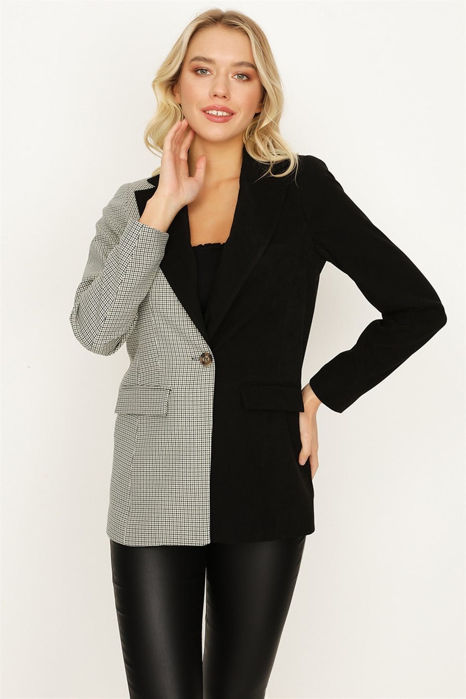 Kadın Tek Düğmeli Ekose Desen Kontrast Blazer Ceket