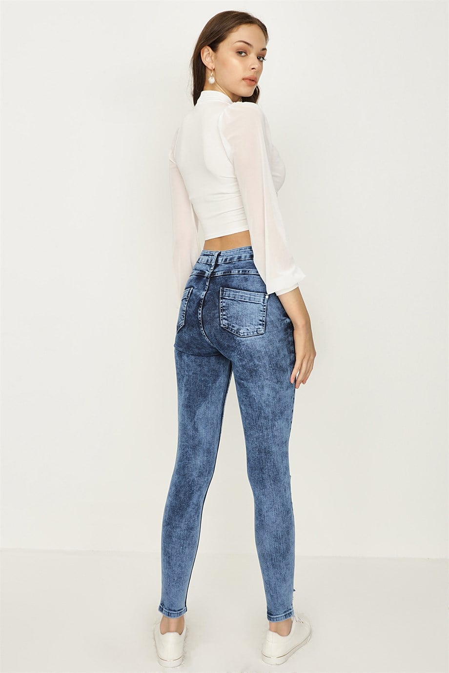 Kadın Yırtık Detaylı Yüksek Bel Skinny Jeans