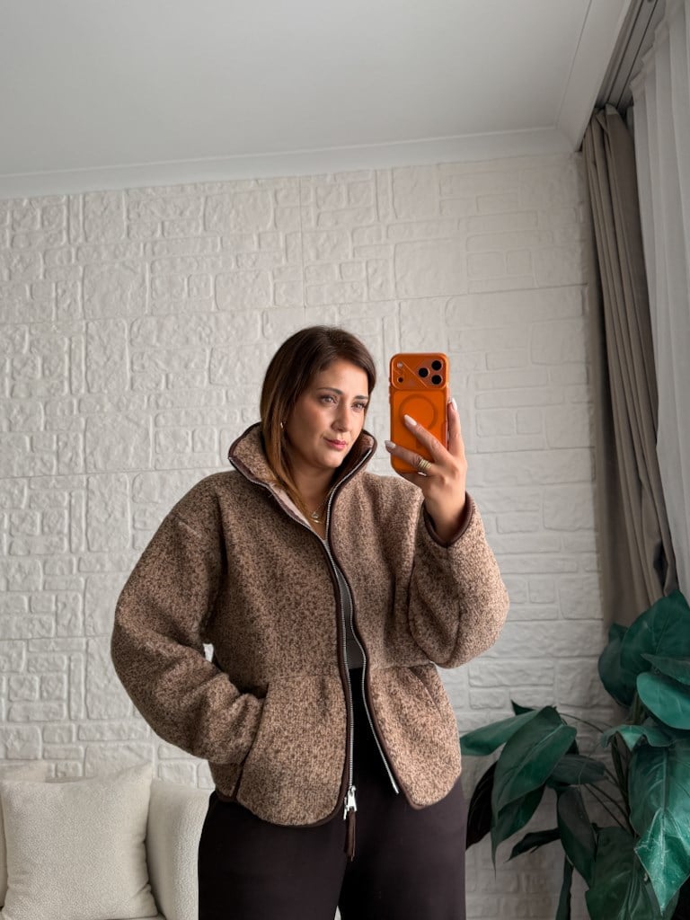 Açık Kahve Fermuarlı Polar Sweat Ceket