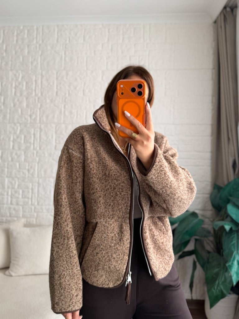 Açık Kahve Fermuarlı Polar Sweat Ceket