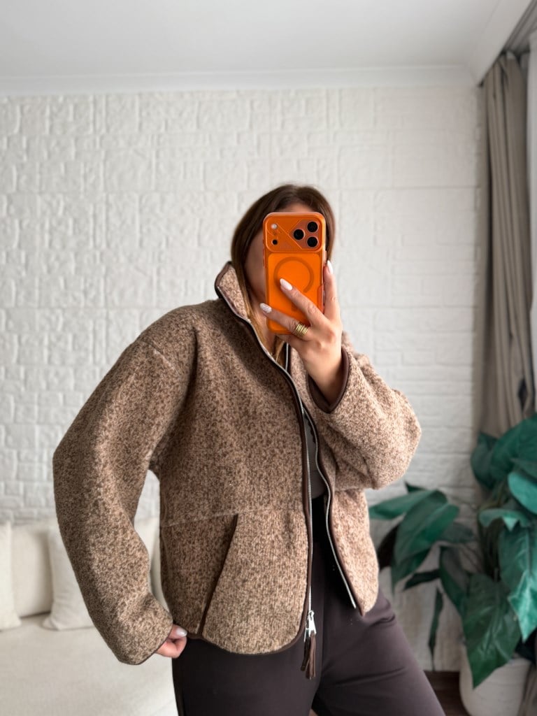 Açık Kahve Fermuarlı Polar Sweat Ceket