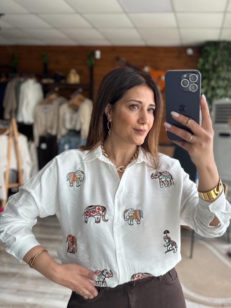 AEROBİN KETEN FİL NAKIŞ İŞLEMELİ SALAŞ GÖMLEK