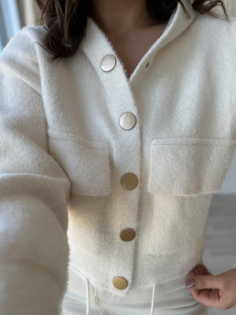 Angora Kapşonlu Düğmeli Hırka Krem