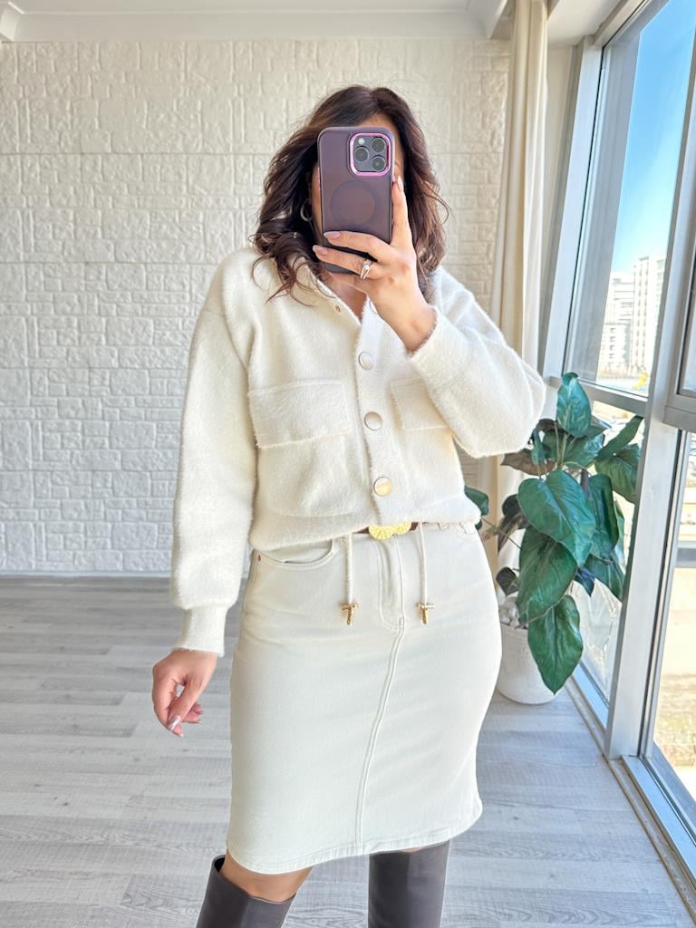 Angora Kapşonlu Düğmeli Hırka Krem