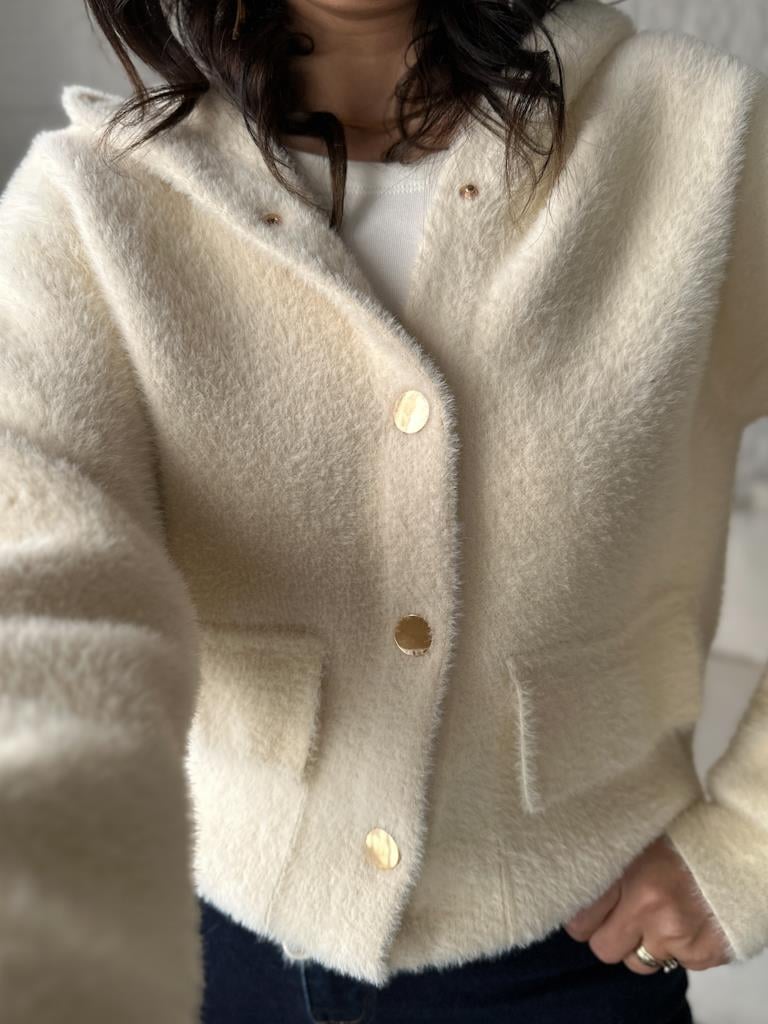 Angora Kapşonlu Triko Ceket Krem