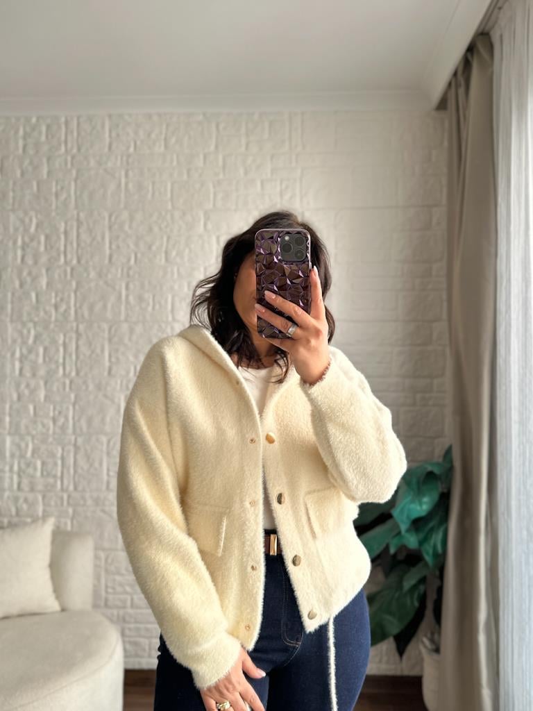 Angora Kapşonlu Triko Ceket Krem