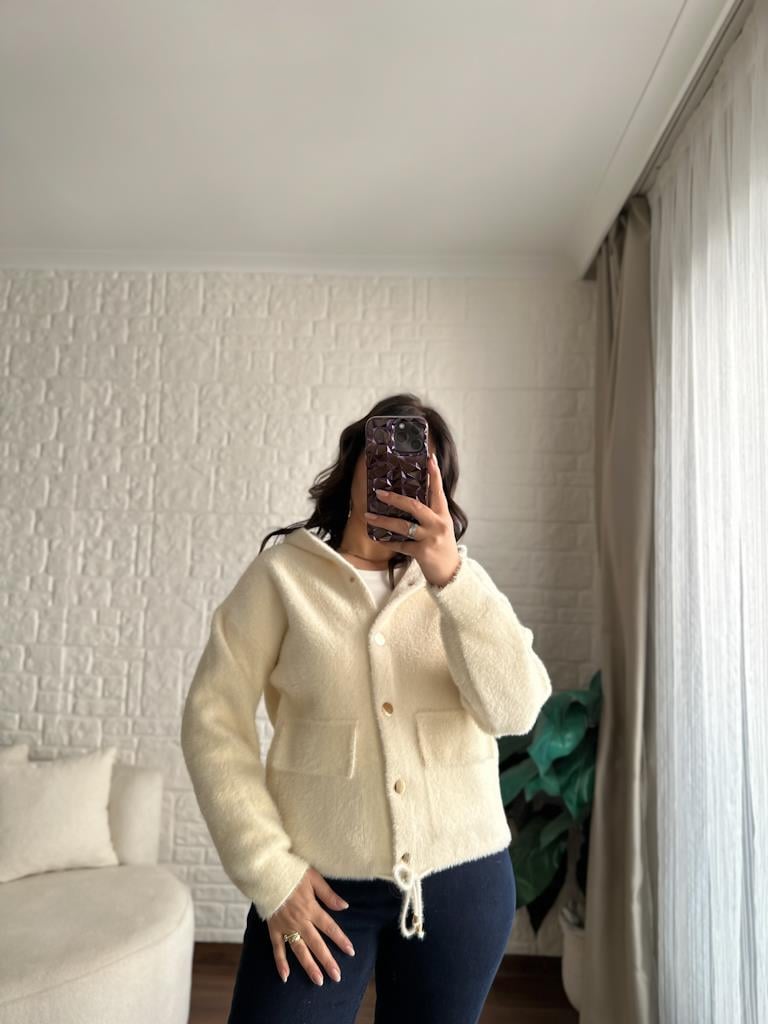 Angora Kapşonlu Triko Ceket Krem