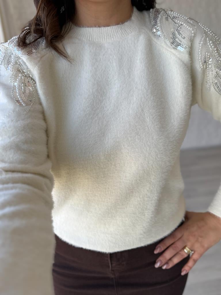 Angora Omuz Boncuklu Kazak Krem