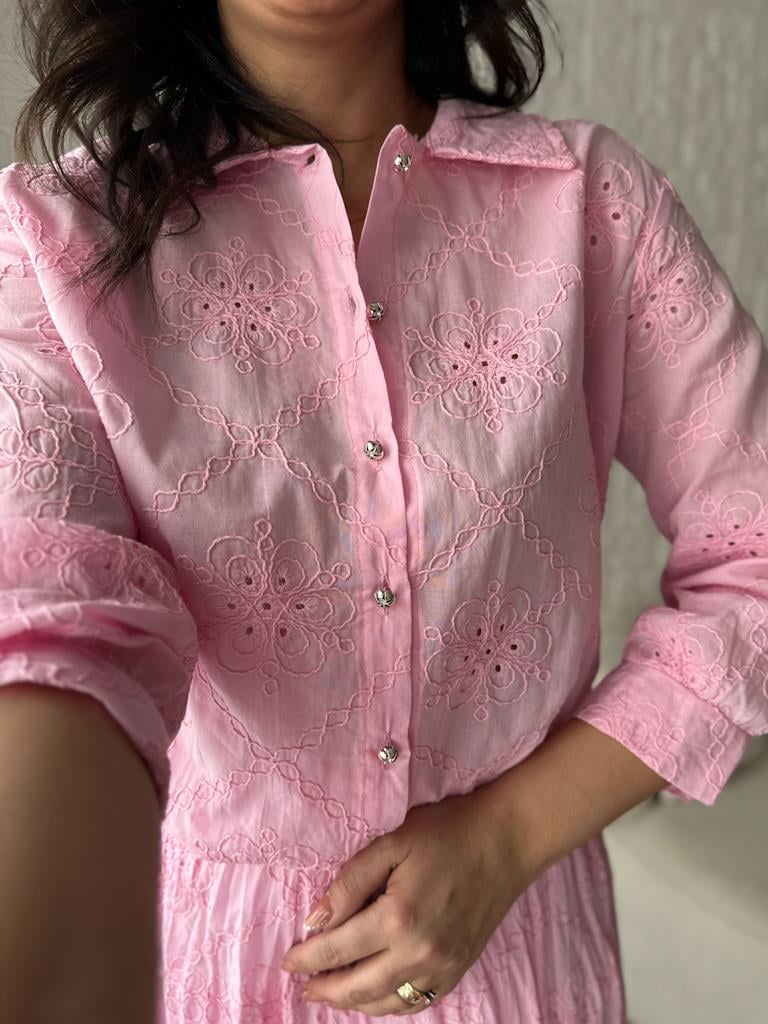 Asimetrik Kesim Etek Önü Düğümlü Gömlek Takım Pembe
