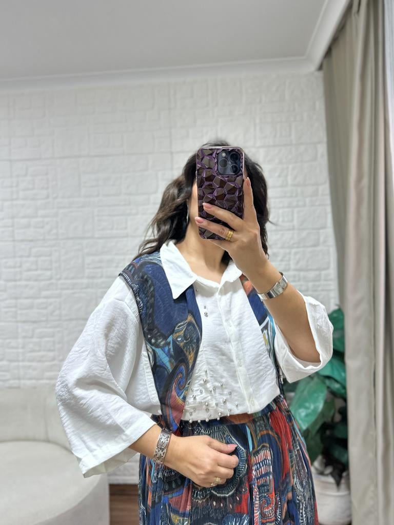 Asimetrik Kesim Etnik Desenli Etek Lacivert