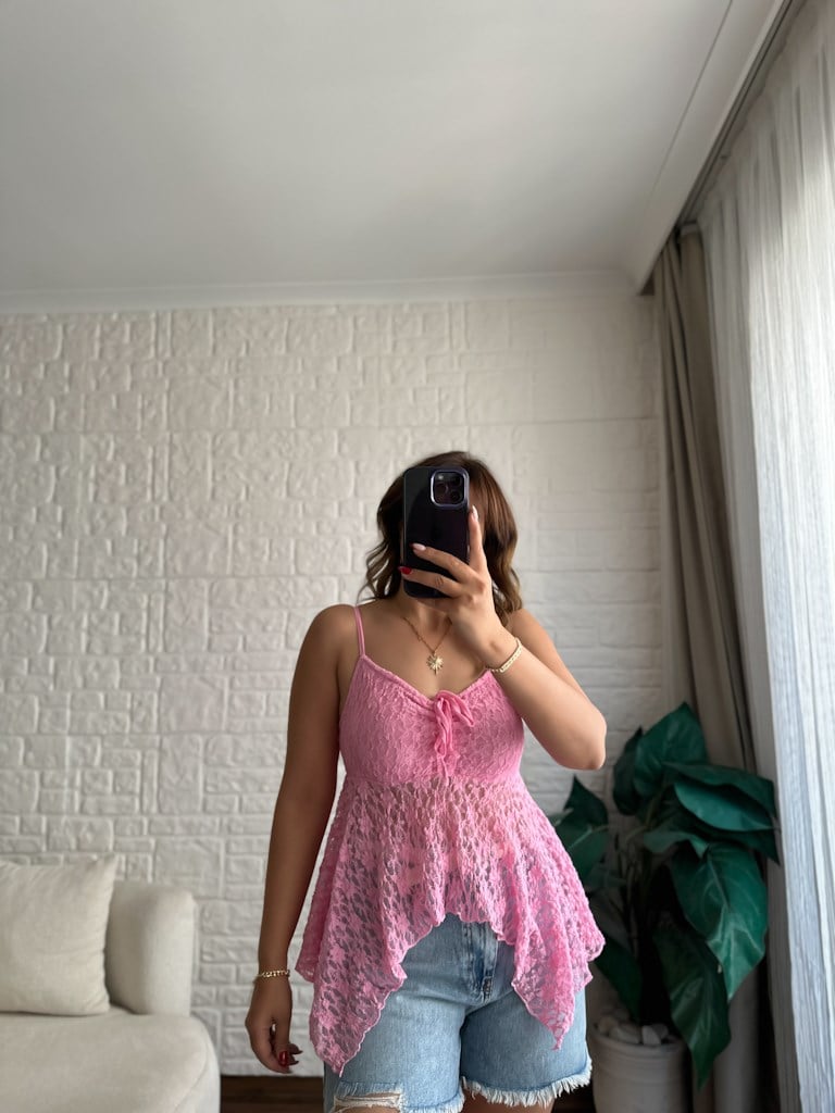 Askıları Ayarlanabilir Transparan Dantel Bluz Pembe