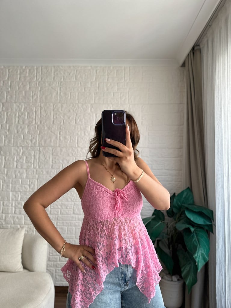 Askıları Ayarlanabilir Transparan Dantel Bluz Pembe